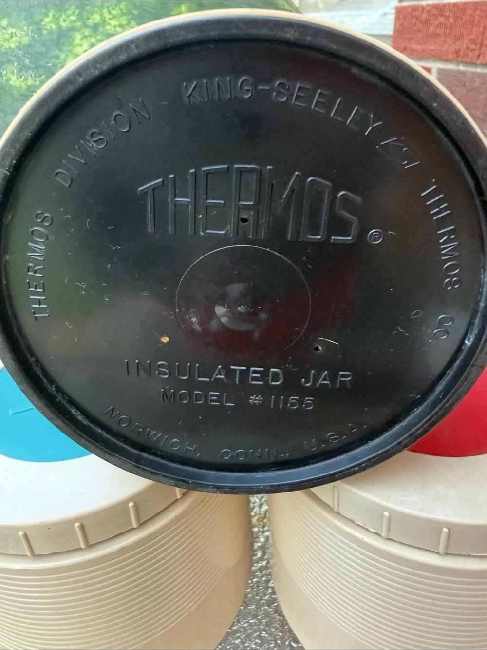 Thermos Beige Canister Set with Red, Blue, and Green Lids
